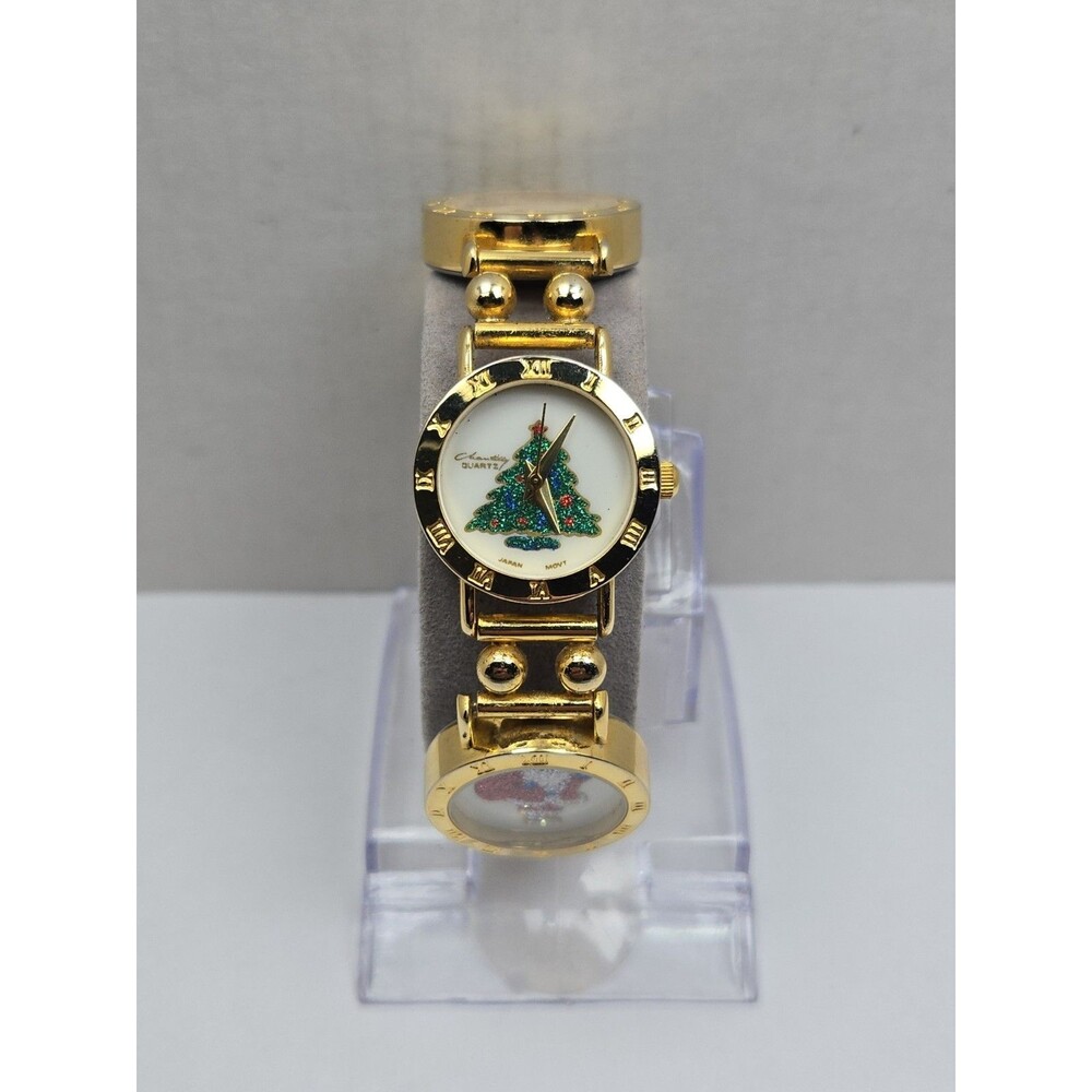 Womens Vintage Chantilly Christmas Santa Tree Gold Tone Quartz Watch New Battery